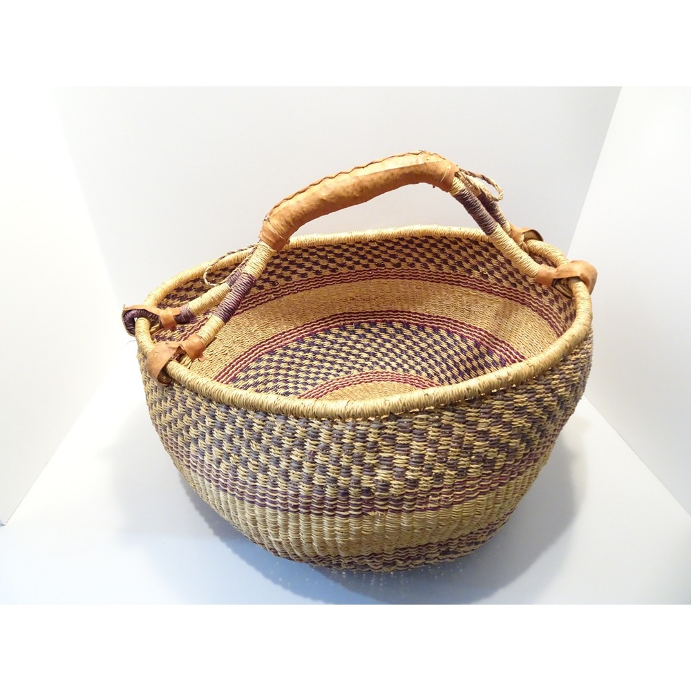 Handwoven Bolga Market Basket Leather Handle Purple Burgundy Elephant Grass